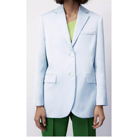 Zara Blazer Light Blue‎ Straight Cut 2-Button Jacket Linen Blend Sz XS Women - Picture 1 of 14